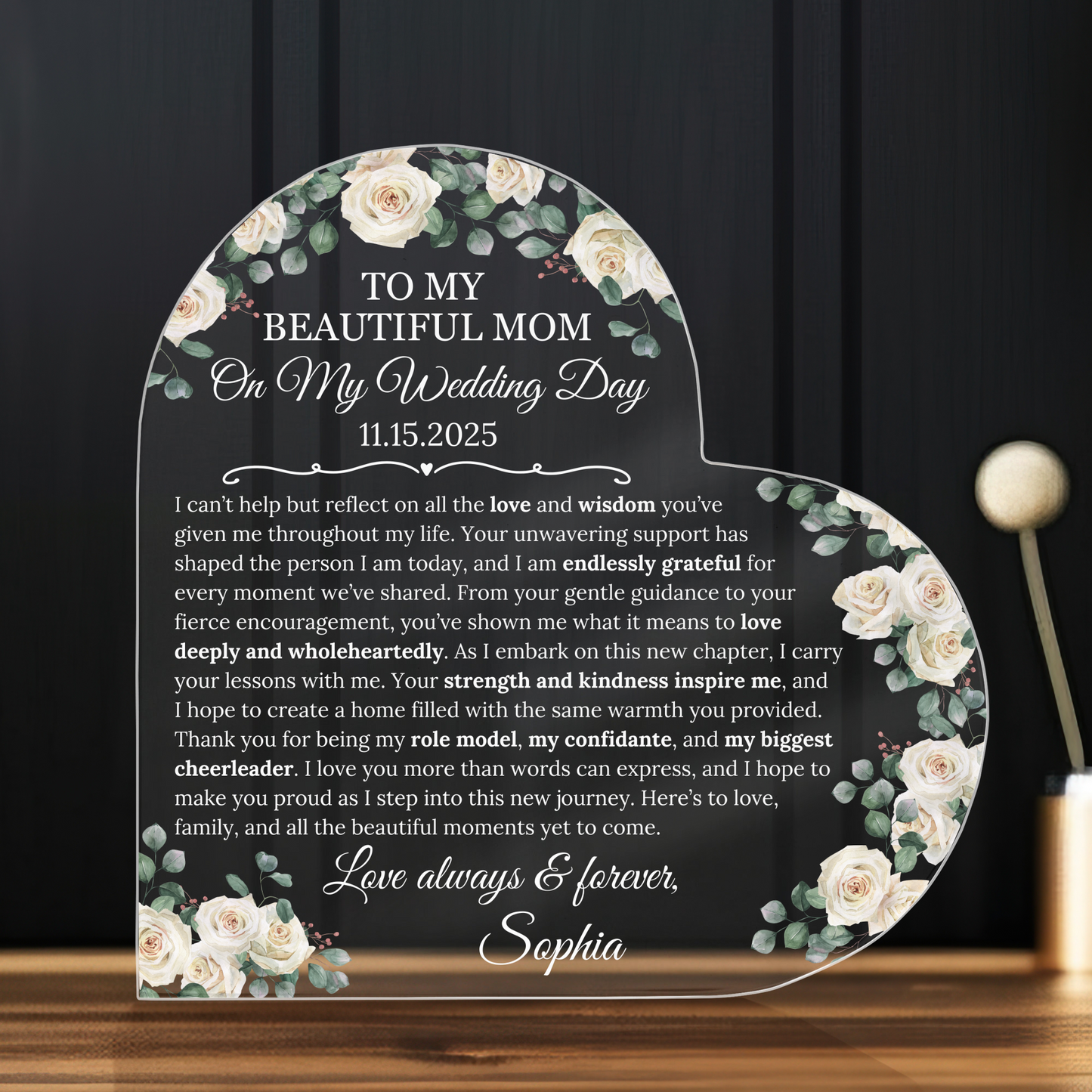“To My Beautiful Mom” Wedding Day Heart Acrylic Plaque
