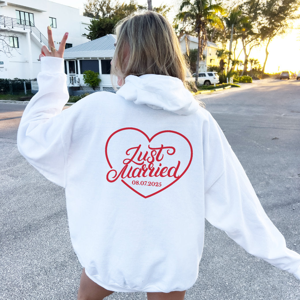 Just Married Hoodie – Personalized Newlywed Heart Design with Wedding Date