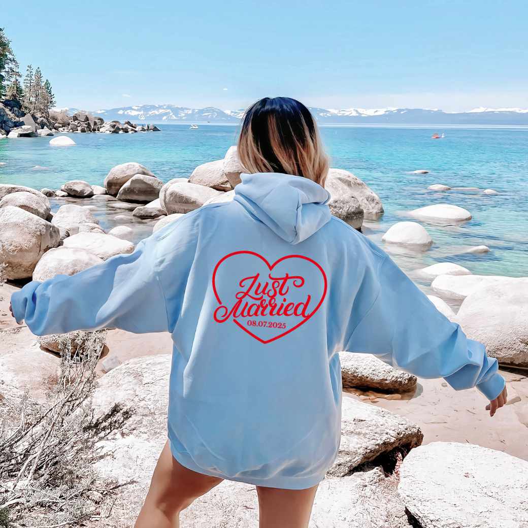 Just Married Hoodie – Personalized Newlywed Heart Design with Wedding Date