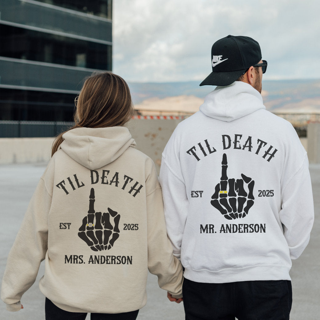 Til Death Couple Hoodies β Matching Mr. & Mrs. Skeleton Hand Wedding Hoodies