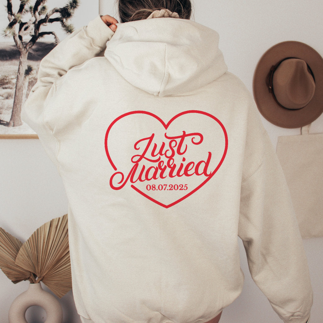 Just Married Hoodie – Personalized Newlywed Heart Design with Wedding Date