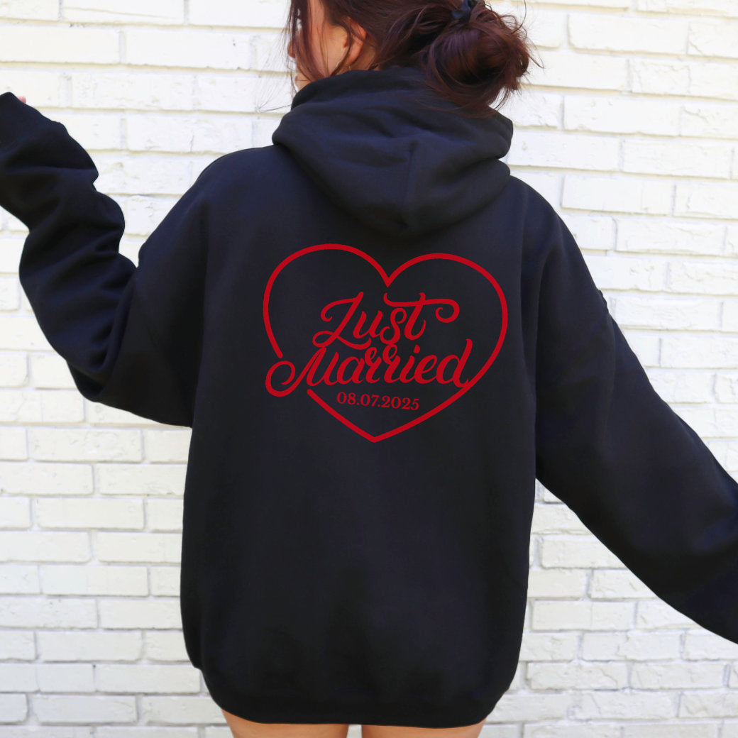 Just Married Hoodie – Personalized Newlywed Heart Design with Wedding Date