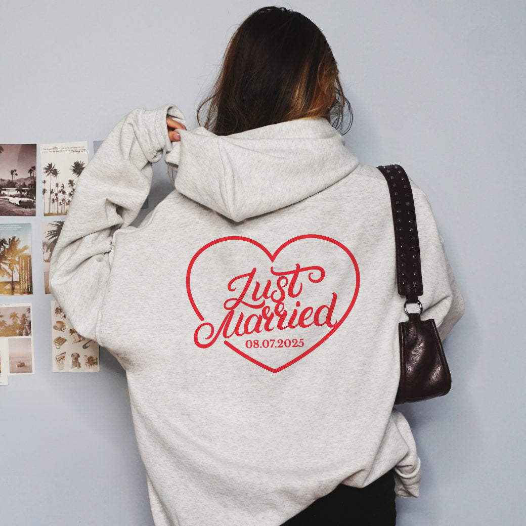 Just Married Hoodie – Personalized Newlywed Heart Design with Wedding Date