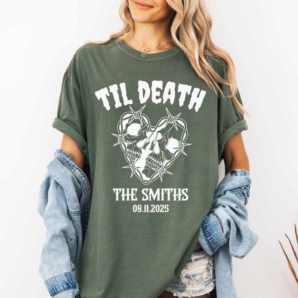 Til Death Personalized Skull Couple T-Shirt – Gothic Wedding or Anniversary Tee