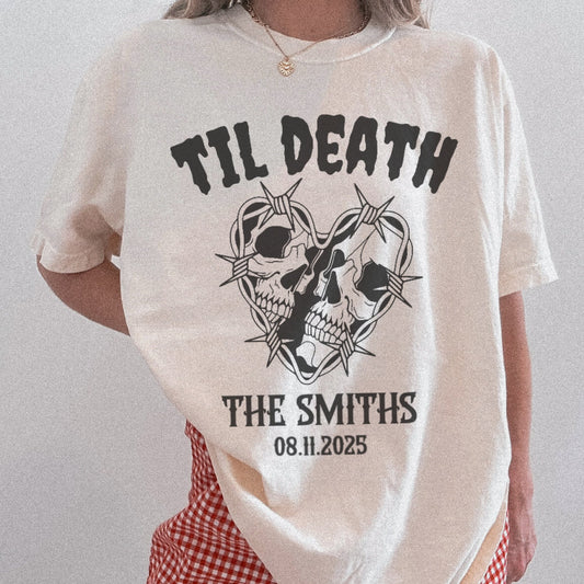 Til Death Personalized Skull Couple T-Shirt – Gothic Wedding or Anniversary Tee