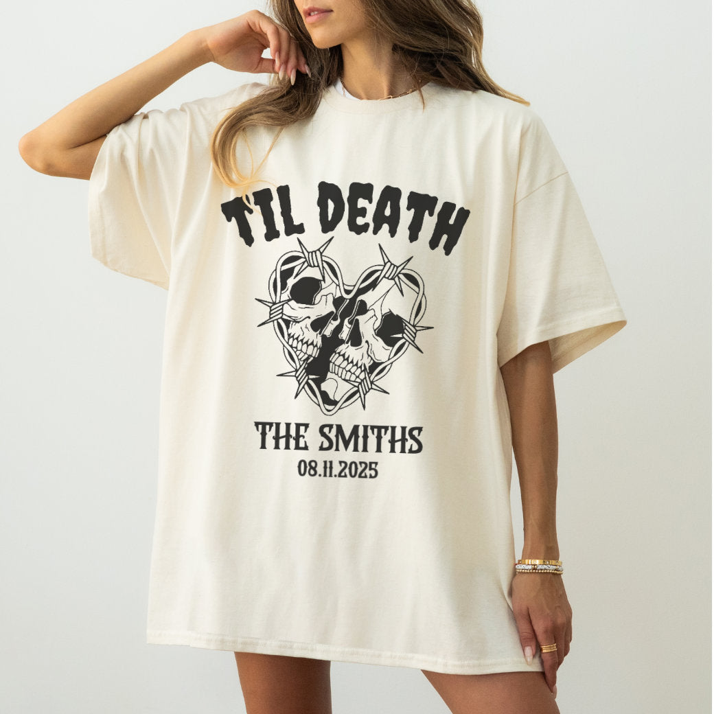 Til Death Personalized Skull Couple T-Shirt – Gothic Wedding or Anniversary Tee