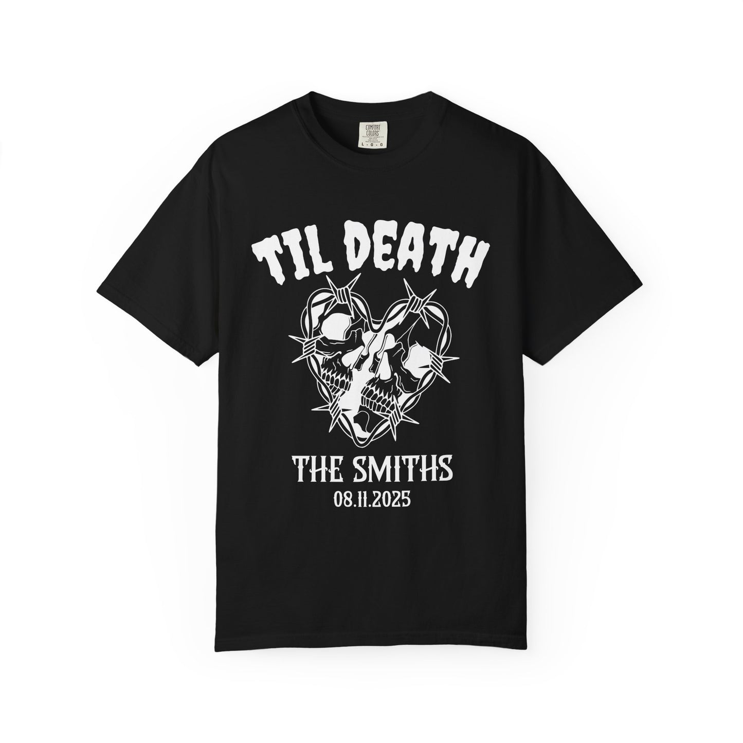 Til Death Personalized Skull Couple T-Shirt – Gothic Wedding or Anniversary Tee